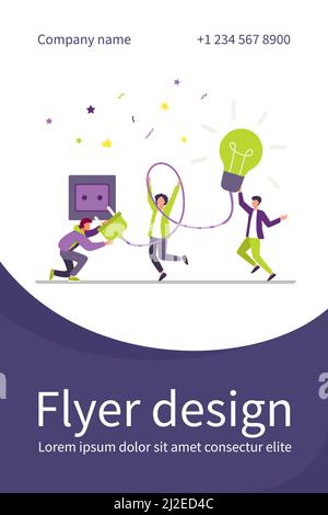 Le persone più piccole che si trasformano nella lampadina. Idea, lampada, elettricità flat vettoriale illustrazione. Concetto di brainstorming e creatività per banner, sito web de Illustrazione Vettoriale