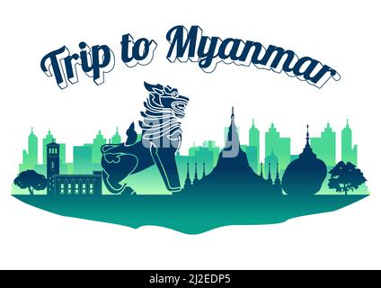 myanmar top famosi punti di riferimento silhouette stile, viaggi e turismo, illustrazione vettoriale Illustrazione Vettoriale