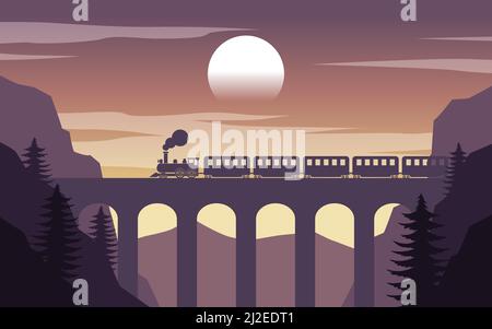 silhouette design del treno che passa scogliera vicino al ponte, illustrazione vettoriale Illustrazione Vettoriale