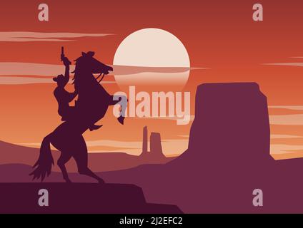cowboy e cavallo in piedi sulla scogliera sul tramonto tempo, illustrazione vettoriale Illustrazione Vettoriale