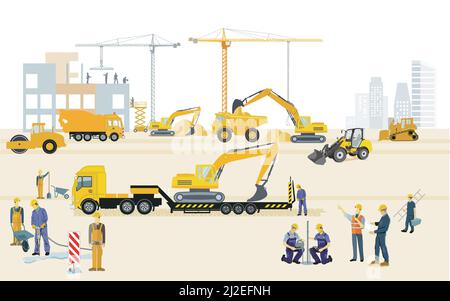 Cantiere con escavatori, macchine da costruzione e autocarri pesanti, illustrazione Illustrazione Vettoriale