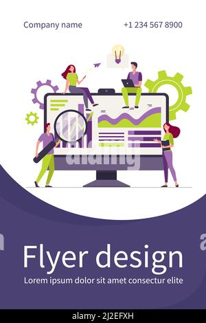 Minuscoli analisti che lavorano con dati su dashboard isolato flat vettoriale illustrazione. Cartoon lavoratori ufficio che studiano strategia di ricerca. Analisi dei dati e m Illustrazione Vettoriale