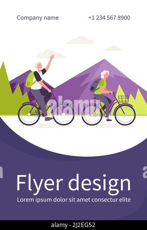 Bici da equitazione senior per coppie all'aperto. Vecchio uomo e donna in bicicletta in montagna piatta vettore illustrazione. Stile di vita attivo, tempo libero, concetto di attività per Illustrazione Vettoriale