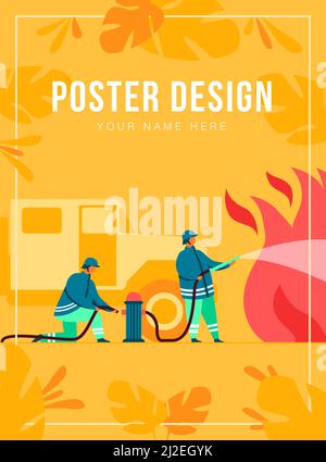 Combattimenti vigili del fuoco coraggiosi con un'illustrazione vettoriale a fiamma piatta. Vigili del fuoco con uniforme e caschi. Vigili del fuoco, servizio di emergenza A. Illustrazione Vettoriale