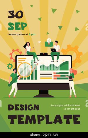 Minuscoli analisti che lavorano con dati su dashboard isolato flat vettoriale illustrazione. Cartoon lavoratori ufficio che studiano strategia di ricerca. Analisi dei dati e m Illustrazione Vettoriale