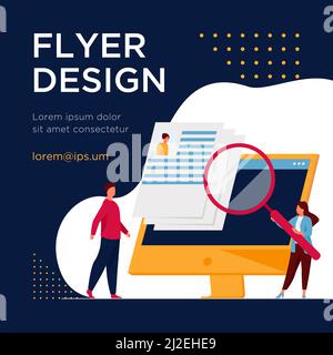Piccolo responsabile HR in cerca di candidato per il lavoro. Intervista, lente d'ingrandimento, schermo piatto del computer illustrazione vettoriale. Concetto di carriera e occupazione per banne Illustrazione Vettoriale