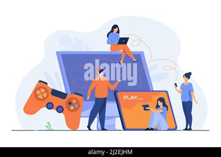 Giocatori che utilizzano dispositivi diversi e giocano su telefono cellulare, tablet, notebook, console. Persone che si divertano con i videogame VR 3G. Illustrazione vettoriale per il gioco incrociato, Illustrazione Vettoriale
