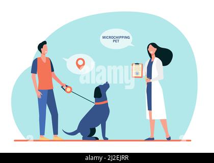 Cane proprietario uomo e veterinario donna con siringa chip e certificato microchipping. Illustrazione vettoriale piatta con chip per animali di sicurezza. Microchipping PET c Illustrazione Vettoriale