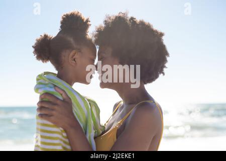 Vista laterale di felice madre afroamericana e figlia che sfregano nasi insieme alla spiaggia Foto Stock