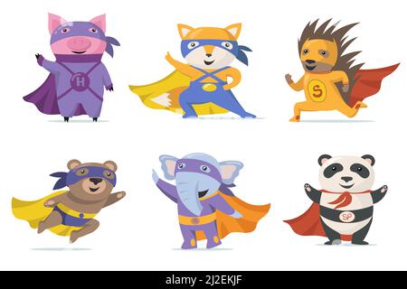 Divertente supereroe animali set piatto per il web design. Cartone animato maiale, volpe, orso, elefante, panda e hedgehog in capes isolato vettore illustrazione collezione Illustrazione Vettoriale