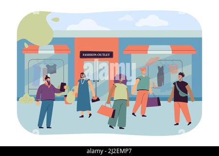 I consumatori felici che scelgono i vestiti in negozio o illustrazione piatta del vettore della boutique. I personaggi dei cartoni animati camminano lungo la strada vicino al negozio di abbigliamento alla moda. Reta Illustrazione Vettoriale