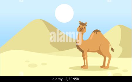 Carino un cammello gobba che cammina nel deserto. Carattere selvaggio dromedario animale cartone animato in natura. Illustrazione vettoriale piatta. Egitto paesaggio concetto Illustrazione Vettoriale