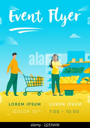 La gente sceglie i prodotti nel deposito della drogheria. Trolley, verdure, cestello piatto illustrazione vettoriale. Shopping e concetto di supermercato per banner, sito web Illustrazione Vettoriale