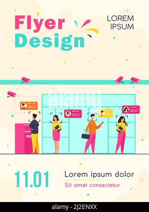 Persone in coda in banca per ritirare denaro denaro flat vettore illustrazione. Riconoscimento facciale con telecamera per l'accesso. Sicurezza digitale, analisi Illustrazione Vettoriale