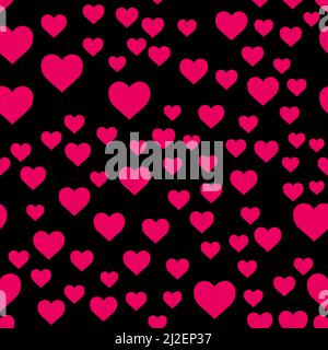 Cuori semplici modello senza giunture. Sfondo del giorno di San Valentino. Design piatto texture caotica senza fine realizzata con piccole sagome cardiache. Tonalità di rosso. Illustrazione Vettoriale