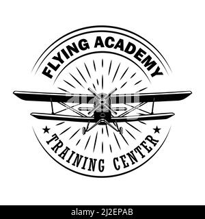 Design emblema di Flying Academy. Elemento monocromatico con illustrazione vettoriale biplanare o retrò dell'aeroplano con testo. Concetto di scuola di formazione pilota per etichetta Illustrazione Vettoriale