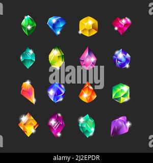 Royal multicolore gemme piatto icona set per web design. Gioielli cartoni animati, pietre magiche e cristalli isolati collezione di illustrazioni vettoriali. GUI e game ac Illustrazione Vettoriale
