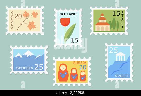 Set di francobolli creativi con simboli e punti di riferimento di diversi paesi. Divertente francobollo vettoriale disegni da utilizzare su buste. Mail e post off Illustrazione Vettoriale