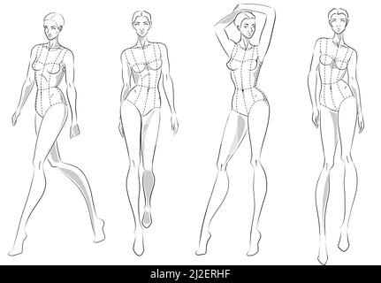 Moda figura dieci teste modello croquis indossando corpetto Illustrazione Vettoriale