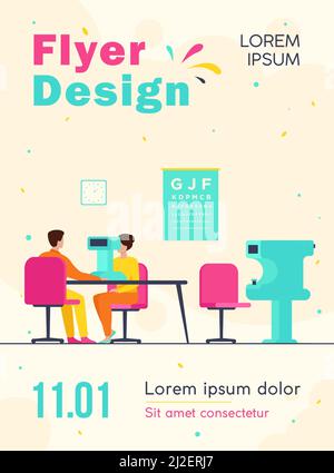 Oftalmologo professionista che esamina gli occhi del paziente illustrazione piatta isolata del vettore. Cartoon oculista facendo chirurgia laser correzione. Ottica medici Illustrazione Vettoriale