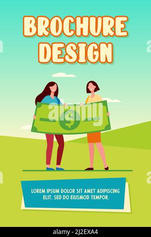 Premio in denaro per le donne. Ragazze felici che tengono l'illustrazione piatta del vettore della banconota del dollaro enorme. Lotteria, successo, fortuna, concetto per banner, sito web desi Illustrazione Vettoriale