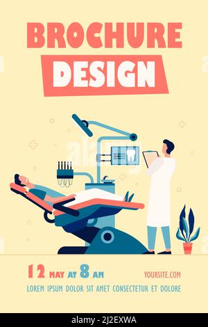 Paziente seduto su sedia medica durante la visita o trattamento isolato immagine vettoriale piatta. Dentista cartoon che lavora in cabina diagnostica. Stomatolo Illustrazione Vettoriale