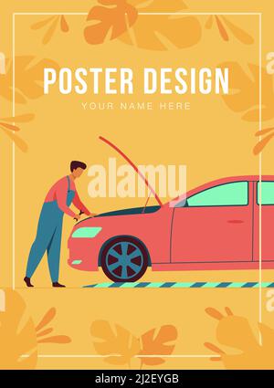 Meccanico automatico che ripara il motore del veicolo isolato immagine vettoriale piatta. Cartoon uomo che fissa o verifica auto con cofano aperto in garage. Servizio e mai Illustrazione Vettoriale