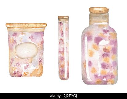 Bagno acquerello set illustrazione sale, clitpart spa disegnata a mano. Concetto di salone di bellezza. Accessori per il bagno. Foto Stock