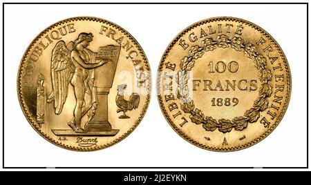 MONETA FRANCESE D'ORO Repubblica di Francia (Paris Mint), 100 franchi, oro (1889). "Genio alato" disegnato da Augustin Dupré è sul lato. Il mintage totale per questo disegno in 1889 era soltanto 100 monete di prova. 32,25 g. diam. 35 mm. Incisore Désiré-Albert barre dopo Augustin Dupré Data 1889 (moneta), fatto per il pubblico all'esposizione di Parigi dello stesso anno Foto Stock