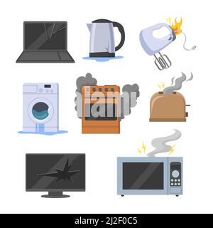 Set di illustrazioni vettoriali di apparecchi elettrici rotti. Attrezzatura danneggiata e dispositivi da cucina, forno a microonde, tostapane, stufa, TV isolato su sfondo bianco Illustrazione Vettoriale