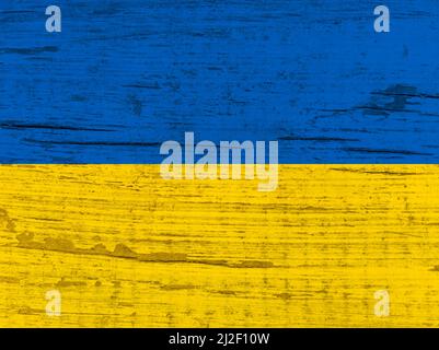 Bandiera Ucraina dipinta. Sfondo blu e giallo stropicciato Foto Stock