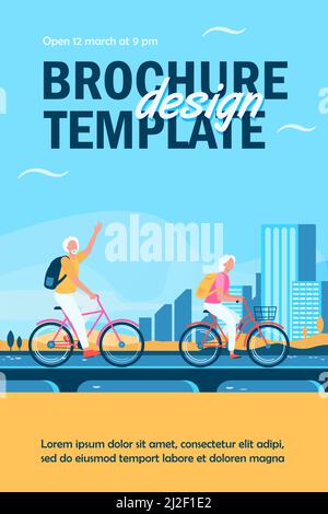 Bici da equitazione senior. Uomo anziano e donna in bicicletta sulla città piatta vettore illustrazione. Stile di vita attivo, tempo libero, concetto di attività per banner, websit Illustrazione Vettoriale