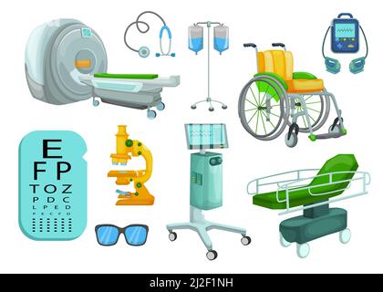 Set di apparecchiature mediche ospedaliere e dispositivi cartoni animati vettoriali. Tomografia, scanner, raggi X, MRI, fluorografia, mammografia. Sistema sanitario, concep medico Illustrazione Vettoriale