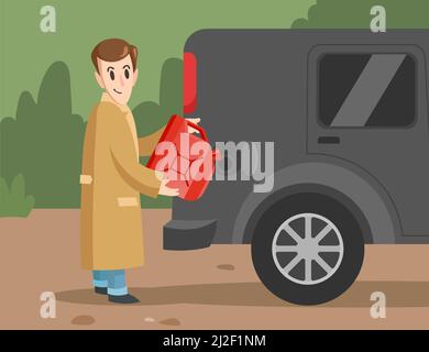 Cartone animato di carattere maschile che versa benzina in auto. Uomo sorridente con canister rosso che riempie il veicolo a benzina, preparandosi per lungo viaggio flat vettore malato Illustrazione Vettoriale