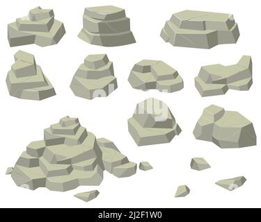 Pile di rocce piatte set. Cumuli di pietre naturali di diverse dimensioni, piramidi rocciose e gradini isolati su sfondo bianco. Per le montagne, geologia, m Illustrazione Vettoriale