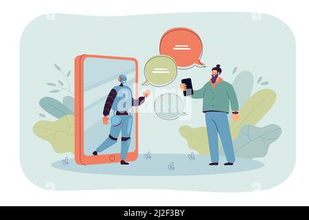 Piccolo uomo che chiacchiera online con l'assistente ai flat vettoriale illustrazione. Cliente Cartoon ottenere supporto virtuale da chatbot. i revisori della tecnologia digitale Illustrazione Vettoriale