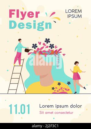 Persone minuscole e bellissimo giardino fiorito all'interno della testa femminile isolato piatto vettore illustrazione. I personaggi dei cartoni animati guariscono la mente e l'anima per una vita felice Illustrazione Vettoriale