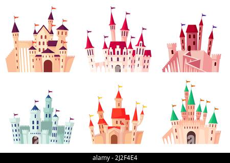 Cartoon castelli medievali illustrazione insieme vettoriale. Collezione di torri gotiche, palazzi fortificati, palazzi isolati su sfondo bianco. Fiaba, An Illustrazione Vettoriale