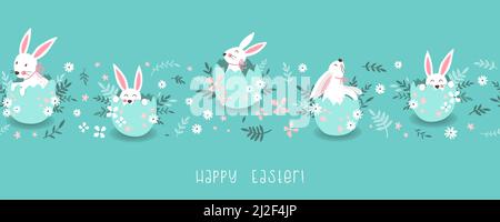 Bella Pasqua disegnato a mano bordo senza giunture con simpatici coniglietti seduti in un uovo di Pasqua, grande per striscioni, inviti, carte - disegno vettoriale Illustrazione Vettoriale