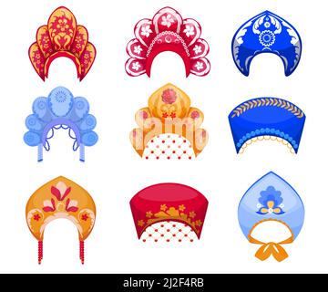 Cartoon set di kokoshniks, tradizionale donna russa headdress. Illustrazione vettoriale piatta. Diversi kokoshniks colorati come Rus popolare ornamentale d'epoca Illustrazione Vettoriale