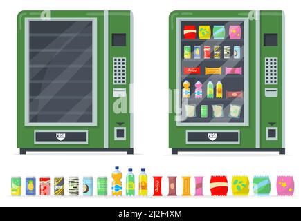 Distributori automatici e set di snack. Chips, bar, bevande in scatola e automatizza con scaffali vuoti. Collezione di illustrazioni vettoriali per fast food, automatica Illustrazione Vettoriale