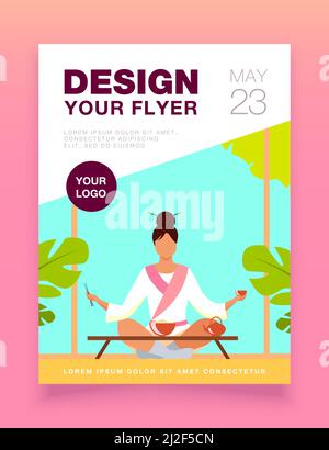 Donna cinese seduta al piccolo tavolo e mangiando. Illustrazione vettoriale piatta del tè, del riso, del chopstick. Tradizione e concetto di nazione per banner, sito web desig Illustrazione Vettoriale