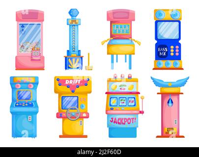 Macchine gioco colorato set piatto per il web design. Dispositivi di parco di attrazione cartoon con slot o giocattoli morbidi raccolta di illustrazione vettoriale isolata. Gambl Illustrazione Vettoriale