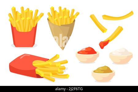 Set di patatine fritte. Bastoncini di patate in coni di carta, ketchup, mayo, salsa di senape isolato su bianco. Illustrazione vettoriale per snack fast food, Street food Illustrazione Vettoriale