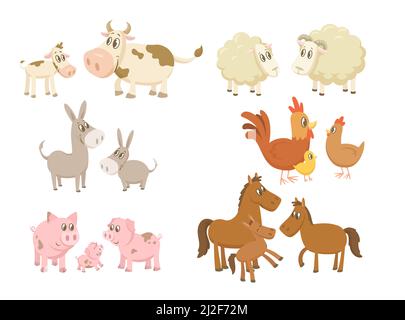 Divertente fattoria animali famiglie set. Mucche, pecore, asini, cavalli, suini, gallina e gallo con pulcino isolato su bianco. Illustrazione vettoriale per villaggio, Illustrazione Vettoriale