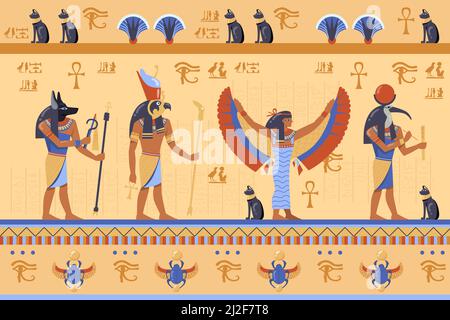 Divinità egiziane su bassorilievo antico con geroglifici. Illustrazione vettoriale cartoon. Horus, Thoth, Anubis, Maat dei, Scarab, simboli, geroglifici. Illustrazione Vettoriale