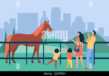 Famiglia che guarda cavallo nel parco della città. Genitori e bambini che visitano lo zoo o l'ippodromo. Illustrazione vettoriale piatta. Animali, famiglia, concetto di intrattenimento per Illustrazione Vettoriale