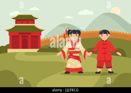 Felice asiatico ragazzo e ragazza in abiti tradizionali che camminano insieme. Personaggi cinesi cartoon in costumi nazionali che tengono le mani, la Grande Muraglia di Chi Illustrazione Vettoriale