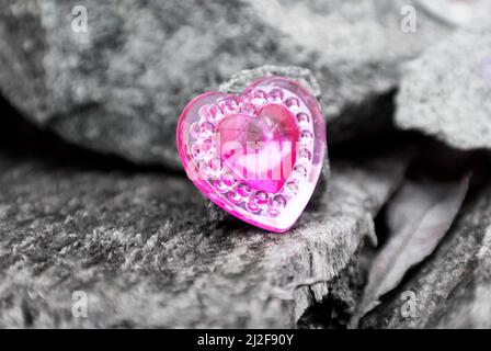 Un primo colpo di gemma rosa a forma di cuore su superficie di legno Foto Stock