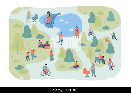 Felice persone diverse a piedi nel parco della città flat vettore illustrazione. Personaggi Cartoon relax, ciclismo ed esercizio sulla natura. Attività estiva a Illustrazione Vettoriale